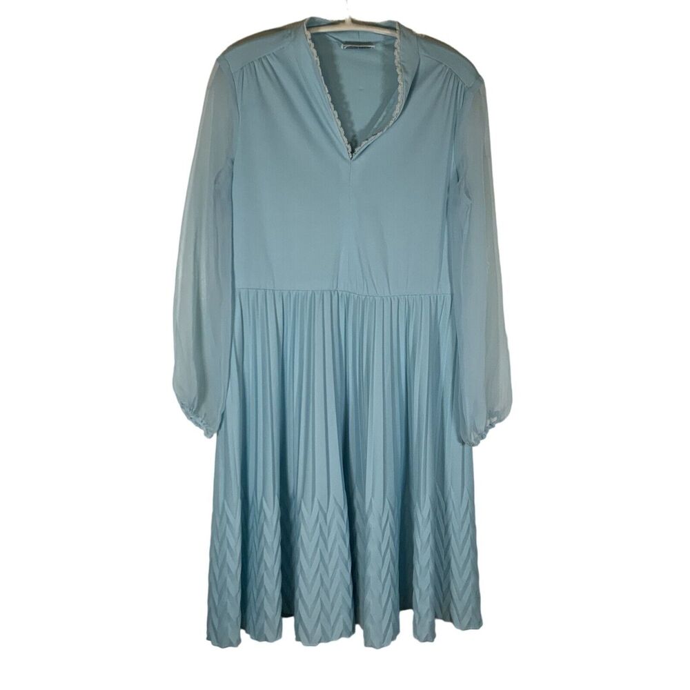 Vintage Light Blue Long Sleeve Pleated Dress With Lace Trimmed Collar Size M